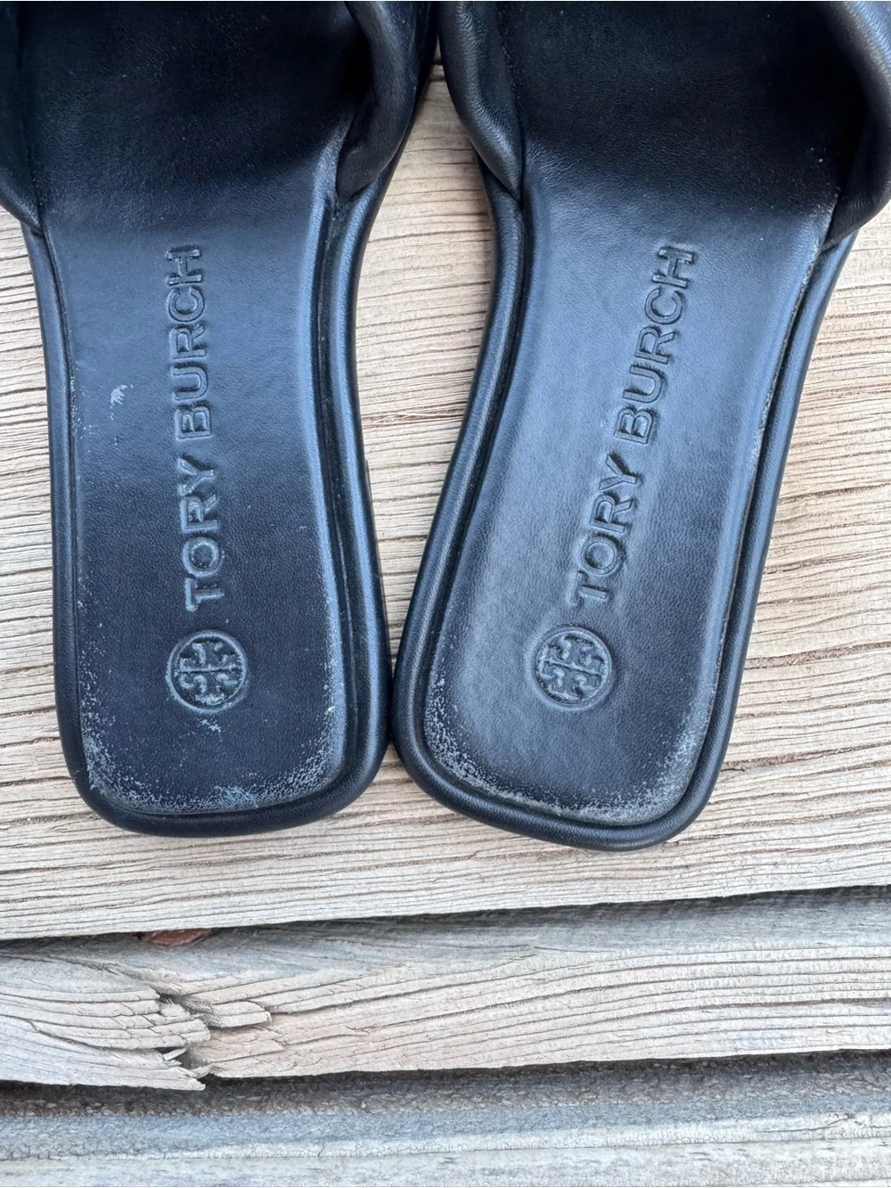 Tory Burch Black Slides with Gold Logo Stitching
